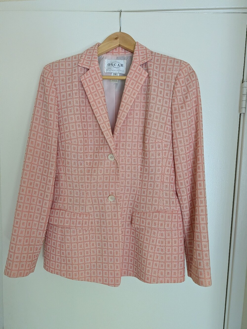VTG Oscar de la Renta Soft Pink Geometric Notch-Lapel Blazer 8 Skirt 6 90's